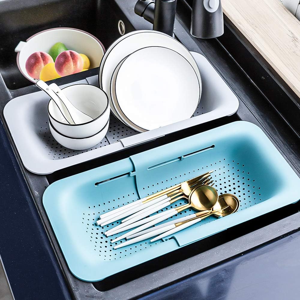 Collapsible Sink Colanders and Strainers Basket Over the Sink Colander Collapsible Colander Extendable Plastic Fruit Vegetable Strainer Drainer Basket for Kitchen (Length 14.3 inch-19.4 inch) (White)