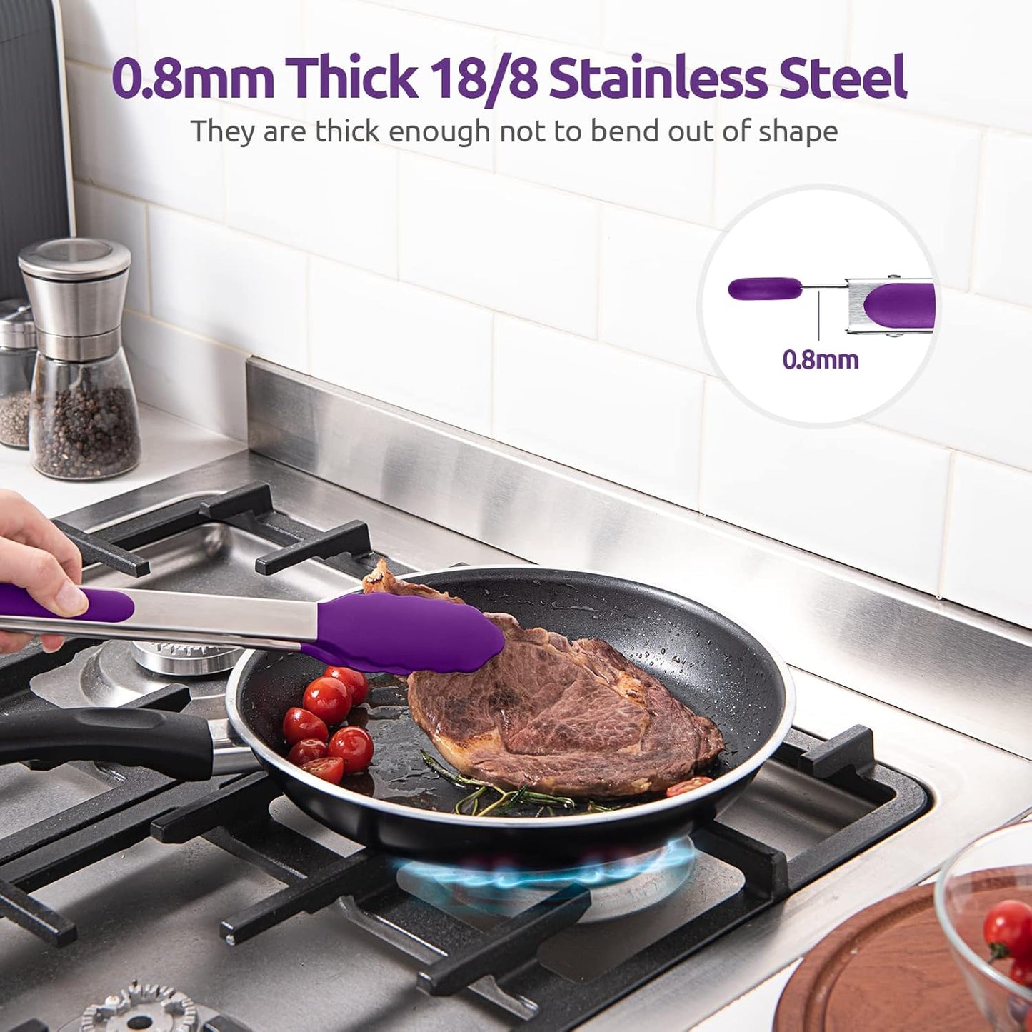 600ºF Heat Resistant Kitchen Tongs: U-Taste 12 inch Large Silicone Cooking Tong with Sturdy Non Stick Rubber Tips & Silicon Coated 18/8 Stainless Steel Handle & Smooth Locking for Serving Grill-Purple