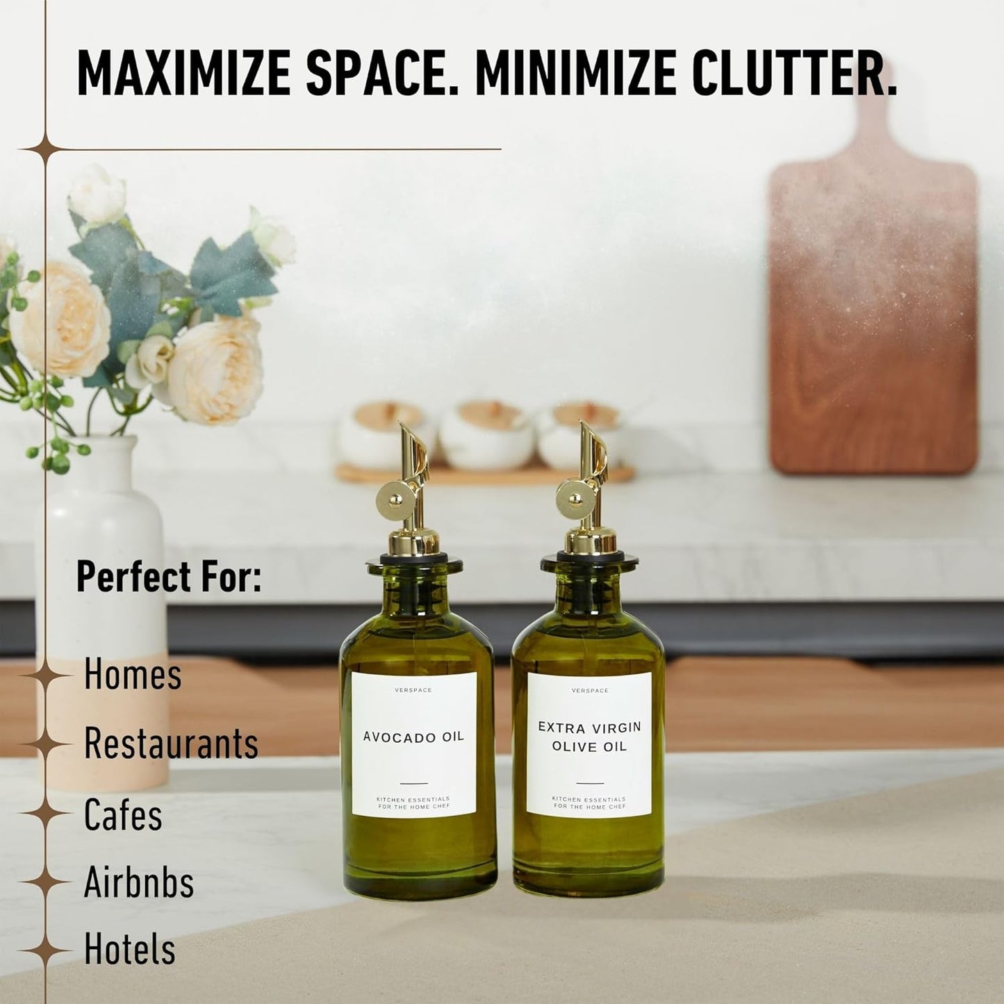 Green Glass Olive Oil Dispenser Bottle For Kitchen By Verpsace,Avocado Oil Dispenser Set, Modern Decor, Gold Kitchen Accessories for Home, Airbnb, Cafe (Gold, Set of 2)