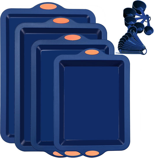 To encounter Silicone Baking Pans Set, 4 Pieces Nonstick Bakeware Set with Baking Pans, Baking Sheets, Cookie Sheets, Cake Pan with Grips and Metal Reinforced Frame More Strength, Navy Blue