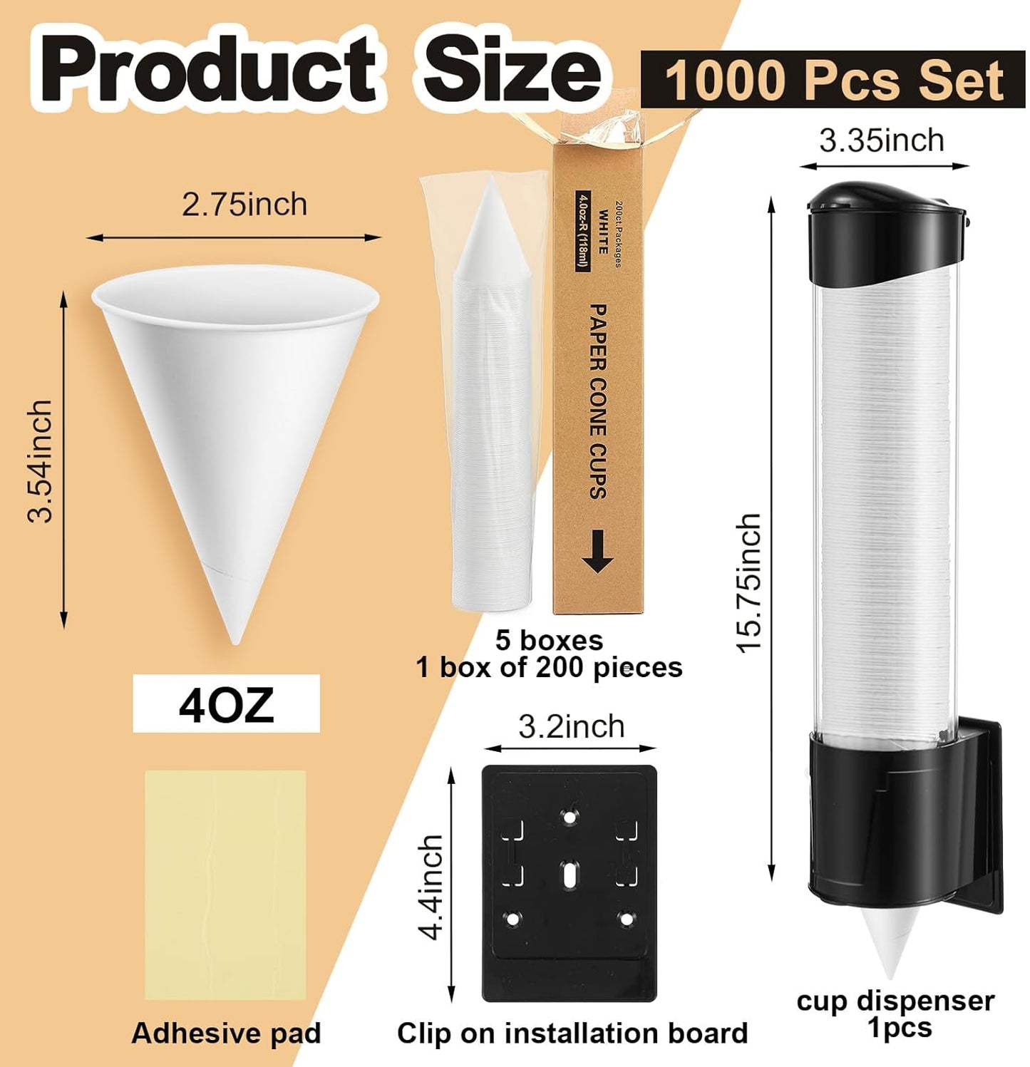 Roshtia 1000 Pcs 4 oz Paper Cone Cups Thicken Disposable with 1 Cups Dispenser Pull Type Wall Mount Cup Holder Paper for Restaurants, Home, and Office, and Shaved Ice, Cold (Black)