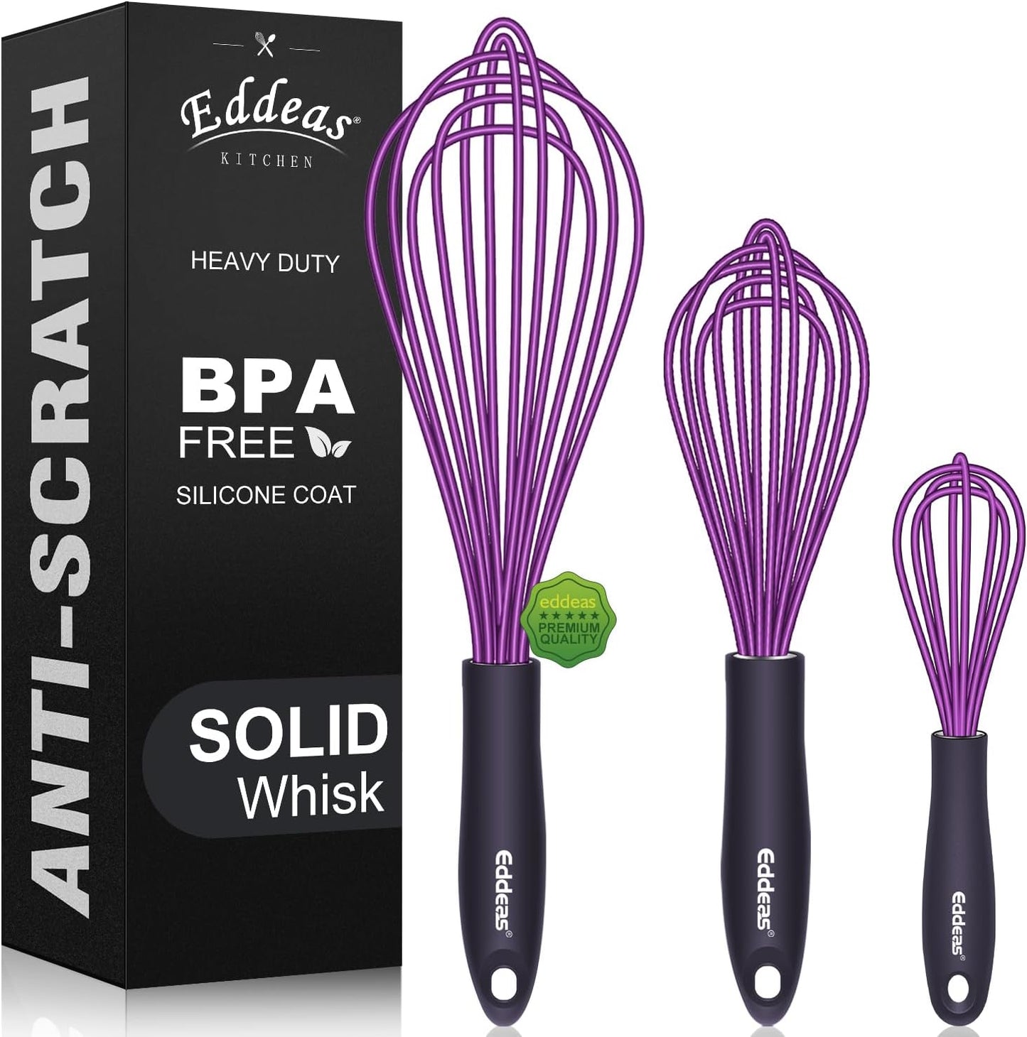 Silicone Whisk, Eddeas Whisk Non-Scratch Coated Whisks set of 3-Heat Resistant(450°F) Kitchen Wisk, Balloon Egg whisk Perfect for Blending, Whisking, Beating & Stirring, Purple