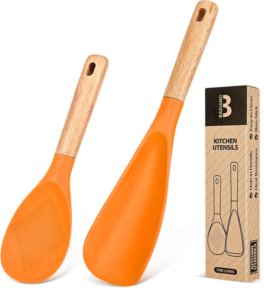 Cooking Spoon and Rice Scooper for Nonstick Cookwares, Great for Cooking and Serving Sturdy BPA-Free Matte Silicone, Wood Handle Spoon for Mixing, Scoop, and Scrape (ORANGE)