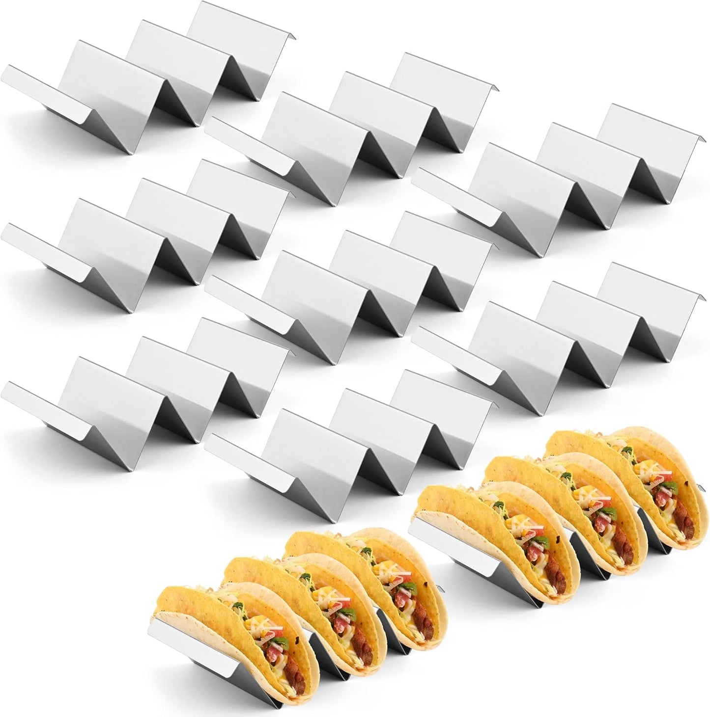 Smithcraft Taco Holder, Stainless Steel Taco Holders Stand, Oven Grill Safe Taco Shell Holder Rack Tray With Handles, Fill Serve Rack Holds Up to 3 Tacos Each, Set of 10 Taco Holders