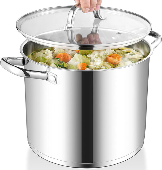 Herogo 12-Quart 18/10 Stainless Steel Stock Pot with Lid, Large Heavy Duty Soup Pot Compatible with Electric, Gas, Induction and Various Cooktops, Dishwasher Safe