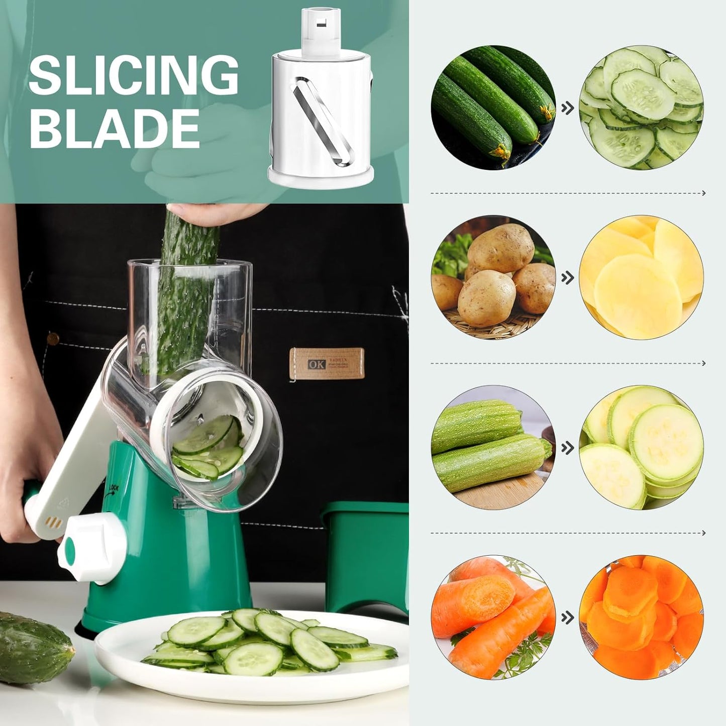 Cambom Rotary Cheese Grater Hand Crank Cheese Shredder for Fresh Cheese, Vegetable, Nuts,Non-slip Suction Base, Free Cleaning Brush Three Blades, Deep Green