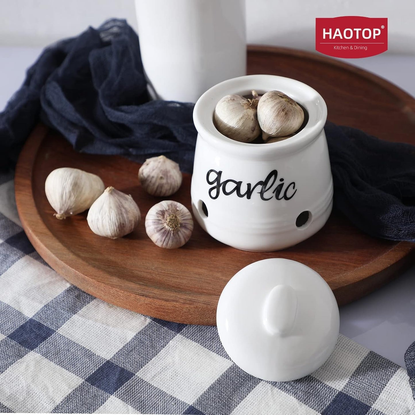 Garlic Keeper with Lid, Ceramic Mini Garlic Saver Container for Countertop, Farmhouse Kitchen Decor