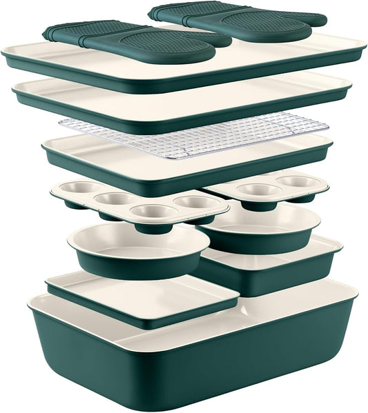 Country Kitchen Nonstick Stackable Bakeware Set - Deluxe Heavy Duty, Durable, Easy Release Baking Set, Sage, 13 Pcs