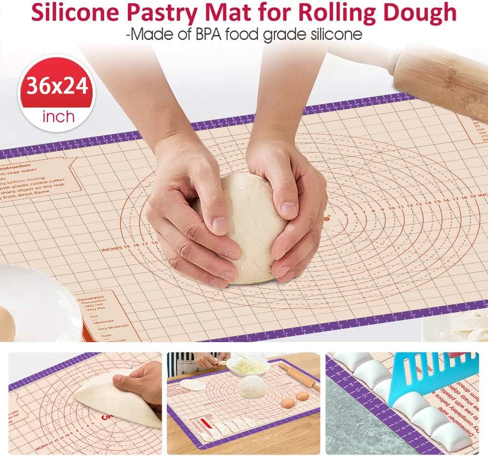 Silicone Pastry Mat 36 x 24 Inch - Larger Silicone Baking Pastry Mat for Rolling Dough,Non Slip Silicon Dough Sheet with Measurement,Perfect for Making Pie,Pizza(Purple)