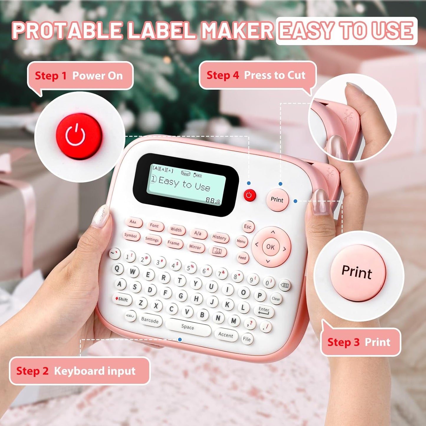 Pink Label Maker Machine with-Tape, Kids Label Maker Waterproof-Labels, D210S Portable Labeler Machine Multiple Fonts Frames Barcode for Home Kitchen Office School Use