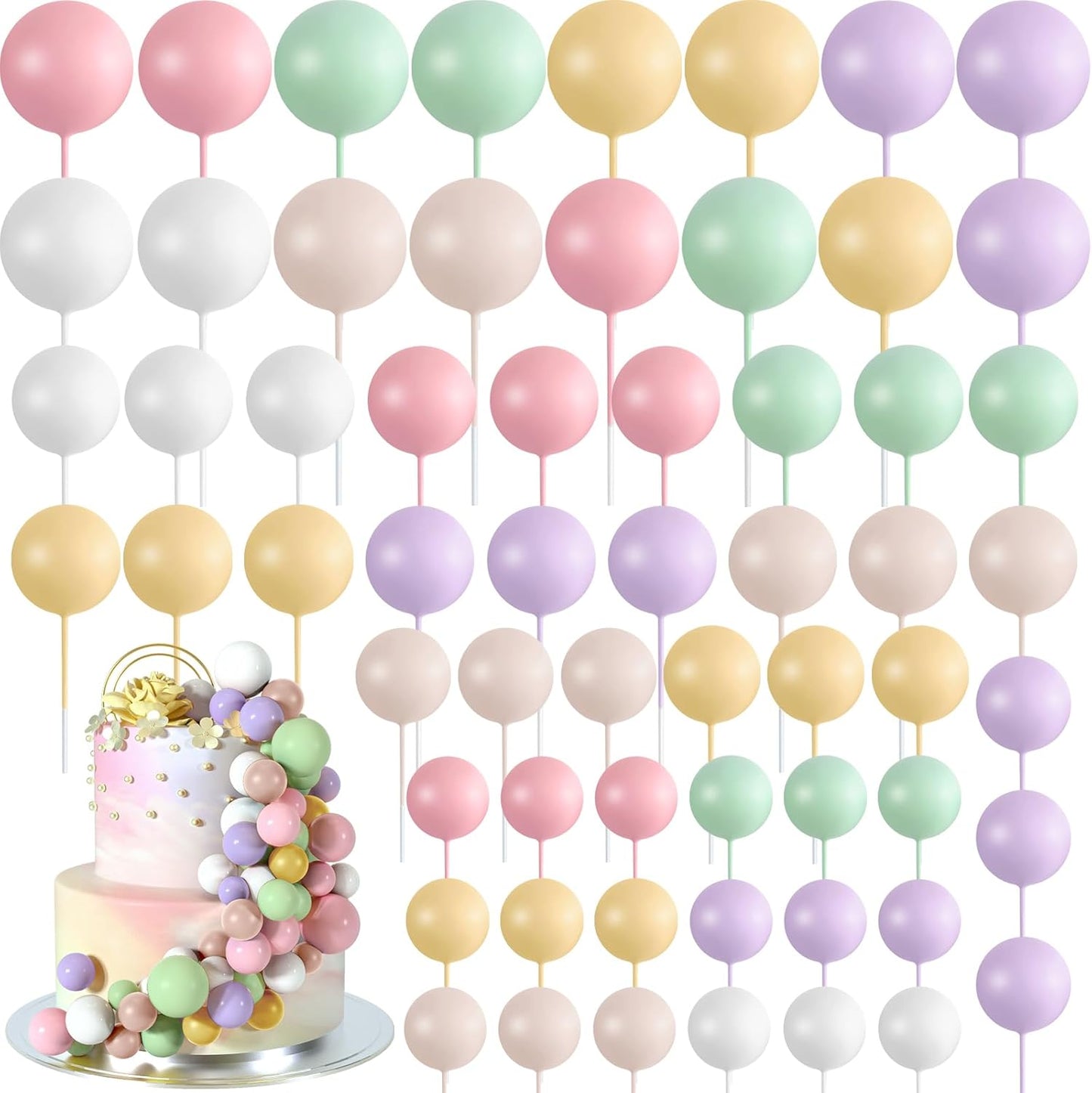 48 Pcs Balls Cake Topper Decorations Balloon Cupcake Toppers Foam Cake Topper Balls Cake Balls Decorations for Birthday Party Wedding Cake Decorating(Pink,Green,Yellow,Purple,Brown,White)