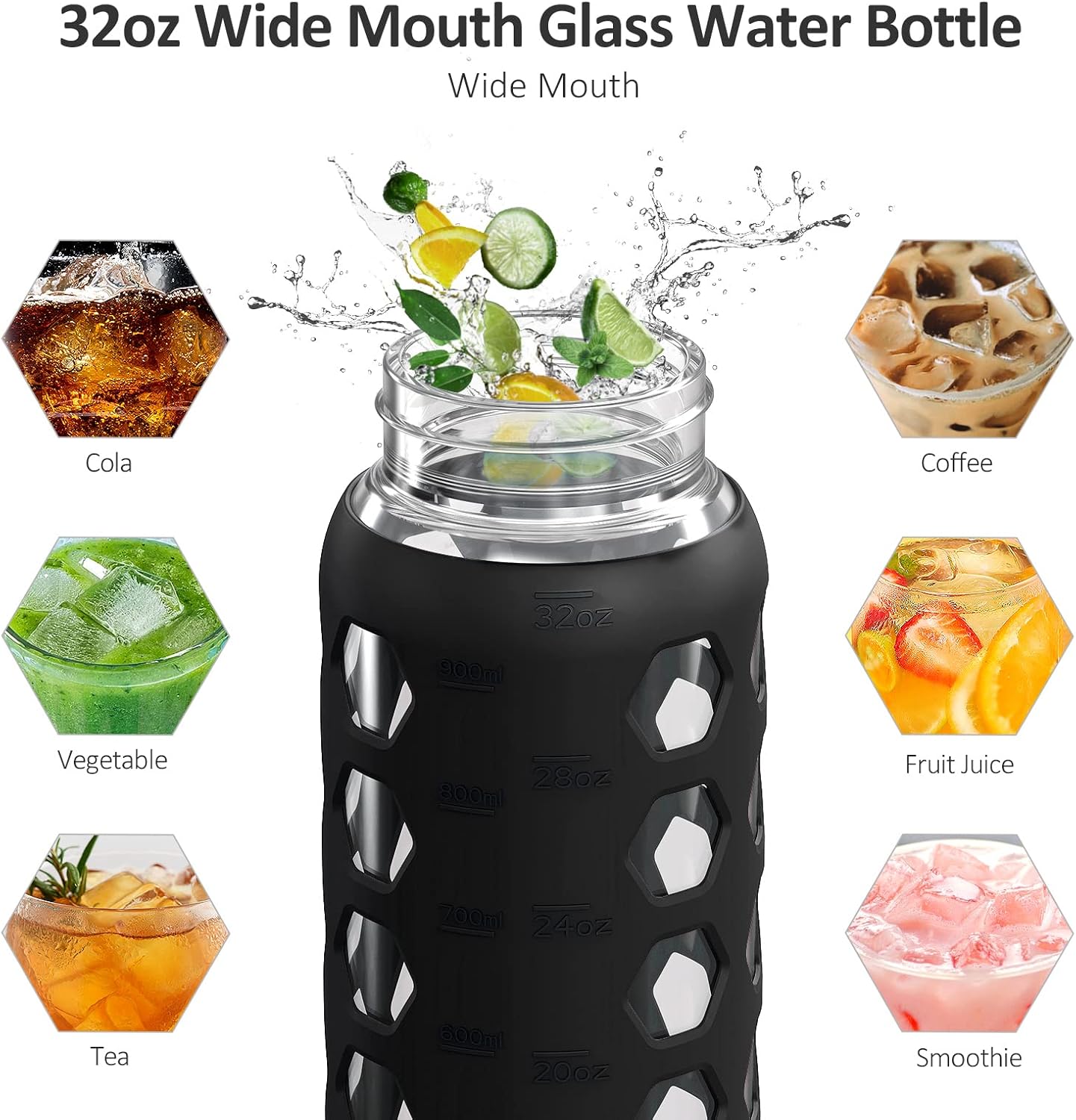 MUKOKO 32oz Glass Water Bottles with 2 Lids-Handle Spout Lid&Bamboo Straw Lid, Motivational Water Tumbler with Time Marker Reminder and Silicone Sleeve, Leakproof-Black-1 Pack