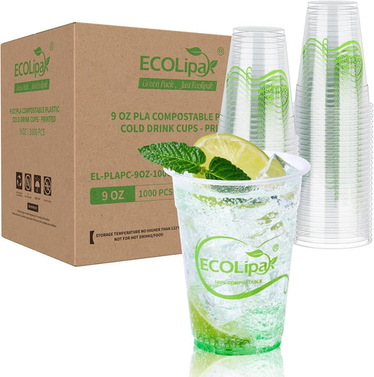 ECOLipak 1000 Count 9 OZ Clear Compostable Plastic Cups, Disposable Plant-Based Biodegradable Drinking Party Cups, PLA Plastic Cold Tumblers for Restaurant, Office, Canteen, Large Gathering