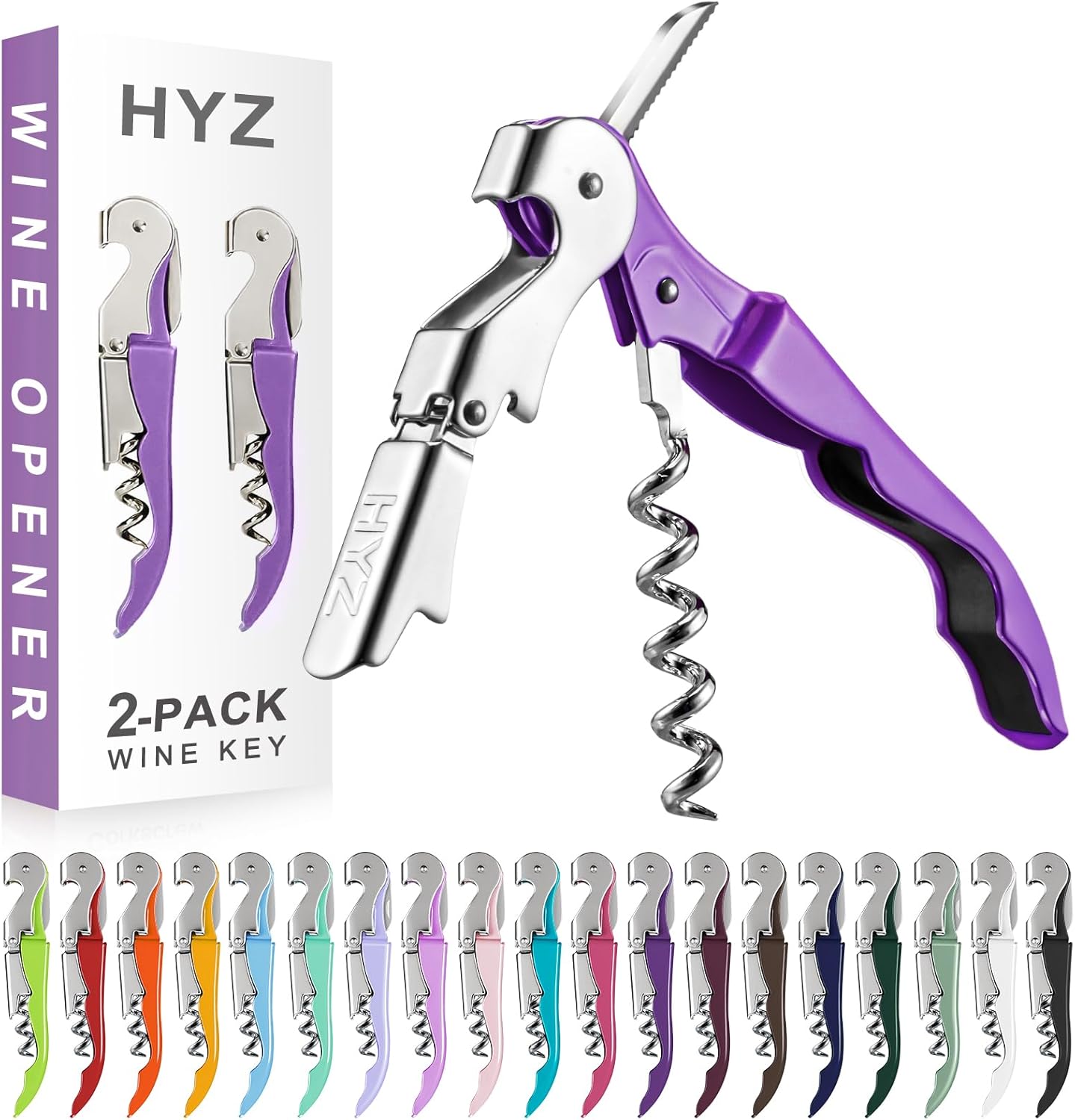 HYZ 2-Pack Wine Opener Waiter Corkscrew, Professional Wine Key for Servers, Bartender with Foil Cutter, Manual Wine Bottle Opener Double Hinged (Dark Purple)