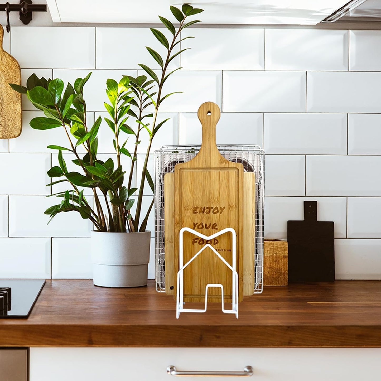 SUNFICON 2 Pack White Cutting Board Holder Rack Pot Pan Lids Holder Chopping Board Organizer Thin Bakeware Tray Dry Display Stand Kitchen Countertop Cabinet Office