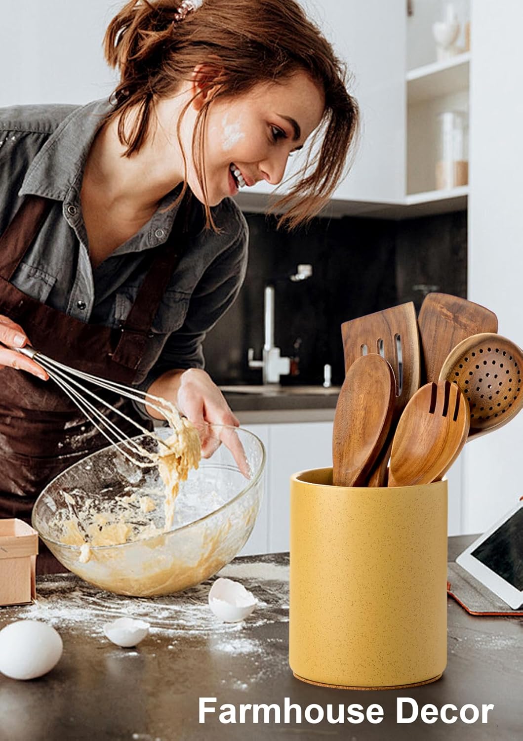 Nucookery Utensil Holder, 6.4" Ceramic Kitchen Utensil Holder for Countertop with Protection Cork Bottom, Vintage Farmhouse Kitchen Decor for Counter (Yellow Sand)