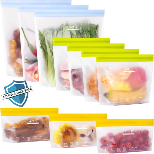 SPLF 10 Pack Stand-Up Reusable Food Storage Bags Dishwasher Safe, BPA Free Reusable Freezer Bags, Extra Thick Silicone for Meal Prep, Sandwich, Bread, Veggies - 3 Gallon 4 Quart 3 Snack
