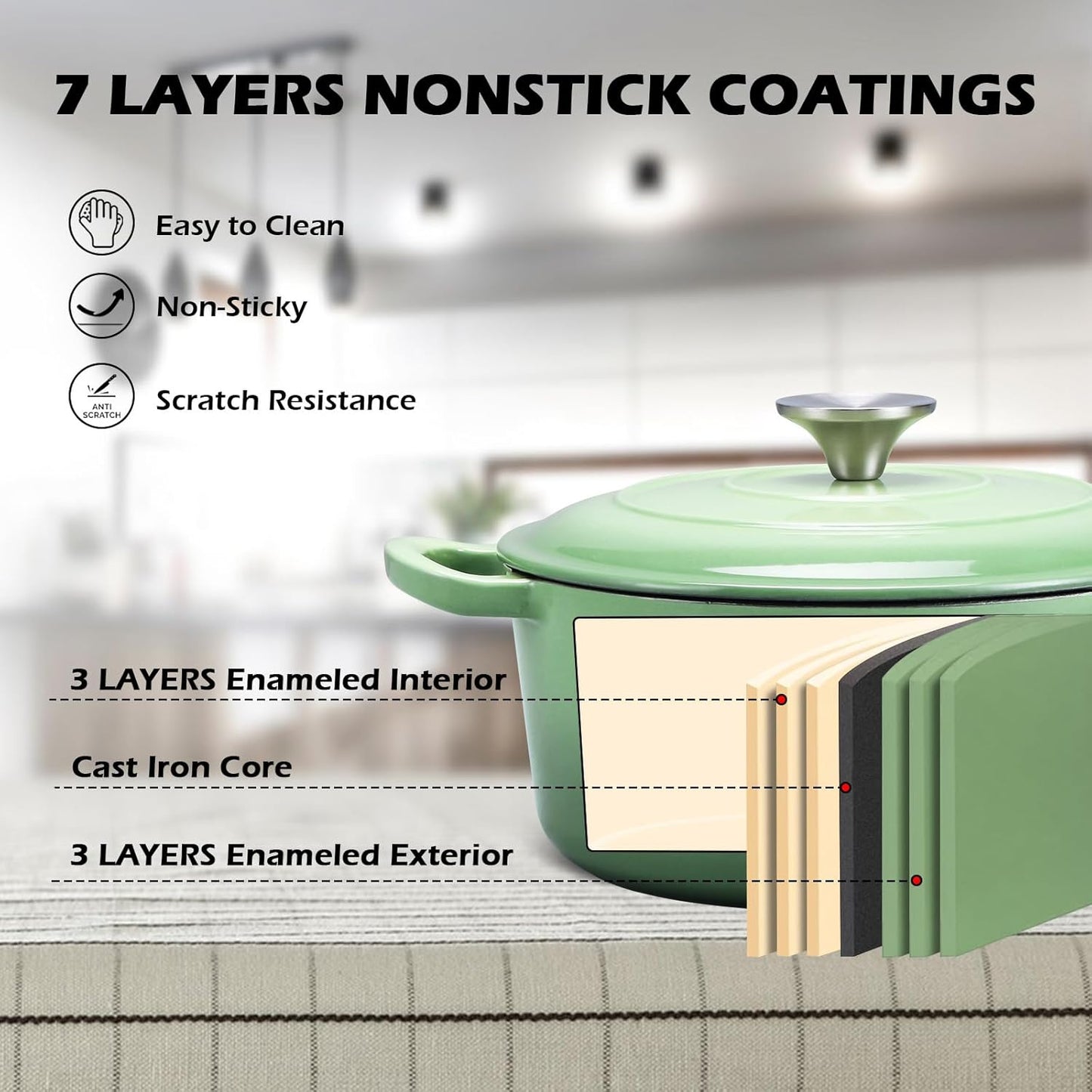 3QT Dutch Oven Pot with Lid, Leonyo 3 Quart Enameled Cast Iron Dutch Oven for Sourdough Bread Baking, Heavy Duty Cookware for Braising, Stews, Roasting, Pistachio Green