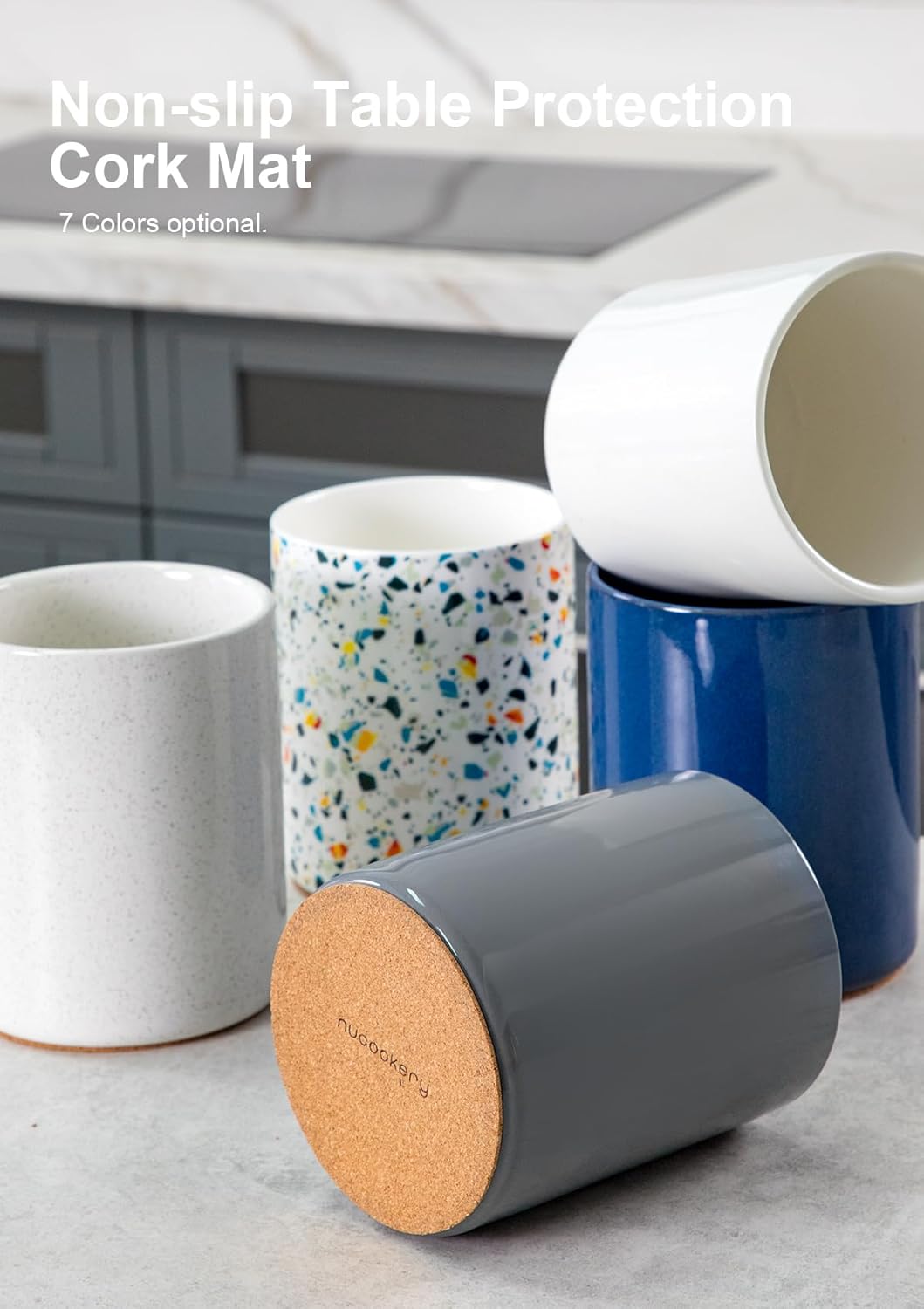 Nucookery Utensil Holder, 6.4" Ceramic Kitchen Utensil Holder for Countertop with Protection Cork Bottom, Vintage Farmhouse Kitchen Decor for Counter (Gray)