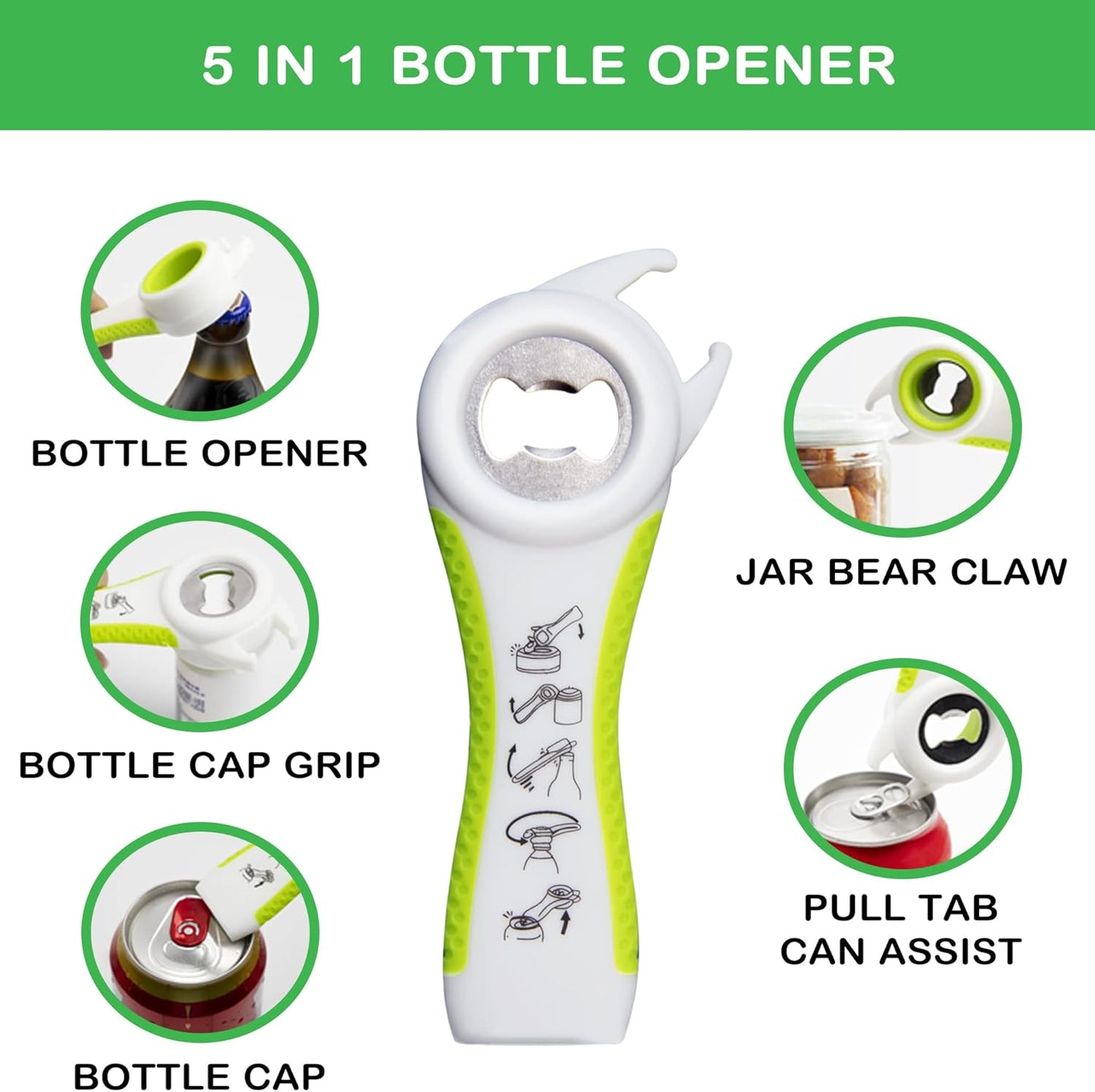 Jar Opener for Weak Hands, Seniors with Arthritis, 5 in 1 Multi Function Bottle Opener Lid Opener For Arthritic Hands with Non Slip Rubber Jar opener Gripper Pad