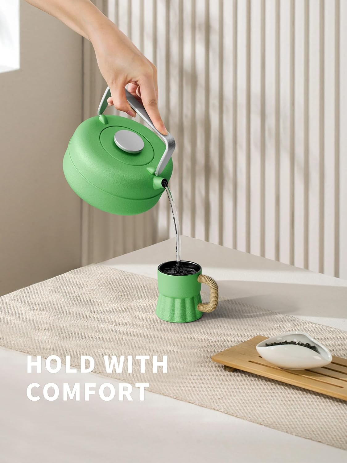 Toptier Teapot with Removable Infuser, Cast Iron Tea Kettle Stovetop Safe, Solid Geometry Cylinder Design Tea Pot Coated with Enameled Interior for 27 Ounce (800 ml), Emerald Green