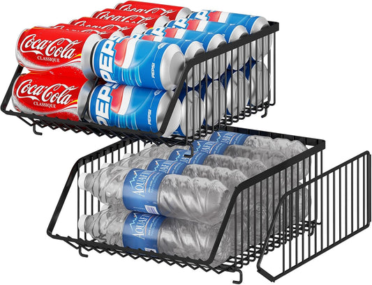 GILLAS 2 Pack Stackable Soda Can Organizer with Dividers for Refrigerator, Can Holder Dispenser Canned Food Organizer, Beverage Storage Basket Rack Drink Organizer for Fridge, Kitchen, Pantry, Black