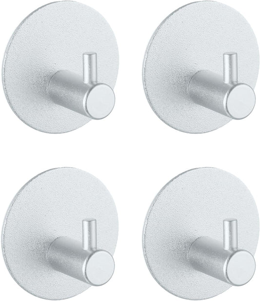 Aluminum Wall Hooks, No Drill Damage-Free Adhesive Hook, Product for Hanging Heavy Duty for Bathroom Kitchen Home (Single Round Sliver Hook, 4)