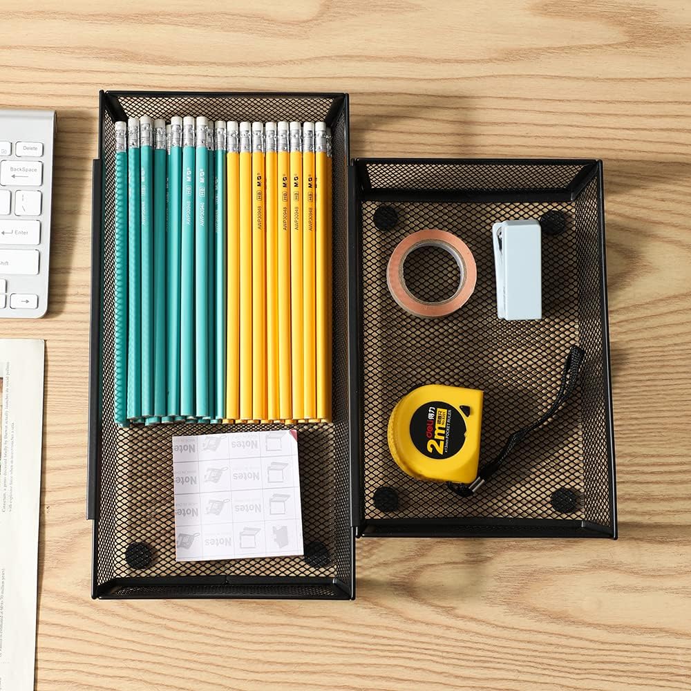 Silverware Organizer ，Mesh Cutlery silverware Tray for Drawer，Tool tray organizer,Utensil Flatware Tableware Organizer for Kitchen,Office,with Non-slip,Fits Standard Drawer,(6x12 IN) 6PSC,Black