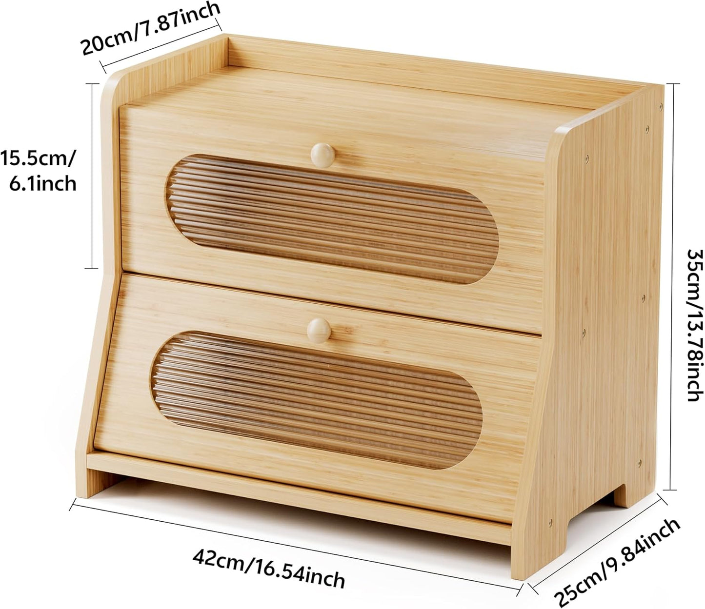 Bread Box for Kitchen Countertop,Double Layer Large Capacity Bamboo Bread Storage Container with Acrylic Wavy Door Panel for Kitchen Counter,Cabinet,Pantry(Natural Bamboo)