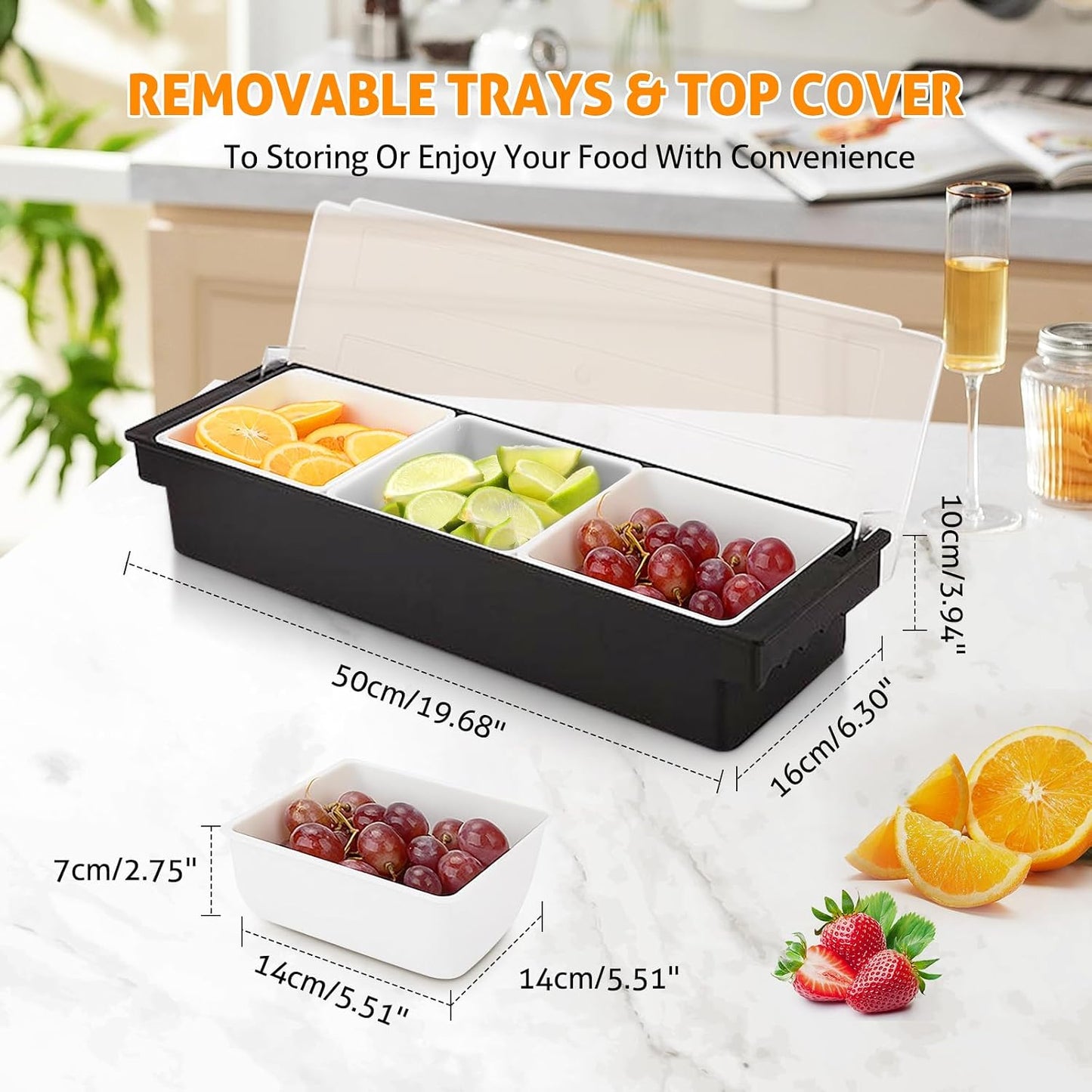 WICHEMI Fruit, Veggie & Condiment Caddy with Lid Dispenser Tray Garnish Station for Bartending & Serving Taco, Ice Cream, Salad Bar - Topping Organizer for Restaurant Supplies (3 Compartment, 2 Pack)