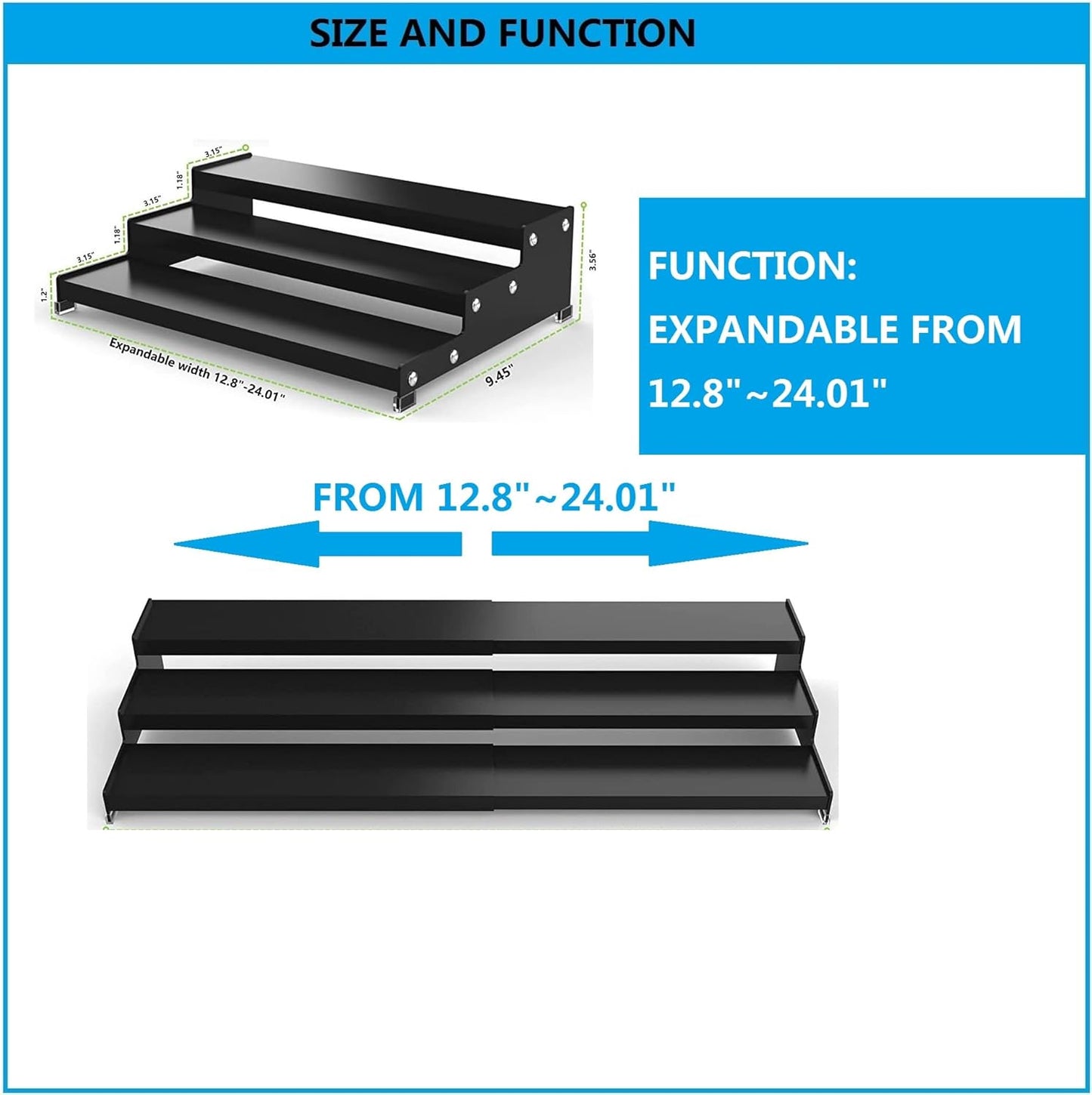 Expandable Spice Rack Storage organizer with 3-Tier step shelf for cabinet,seasoning racks organizion.Great for Kitchen countertop shelves,Pantry and more (1pack/Black)