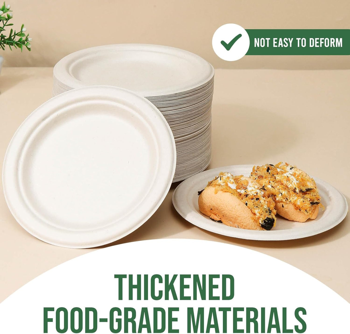 7 Inch Paper Plates 100 Pack - 100% Compostable Disposable Plates, Heavy Duty Dessert Plates, Biodegradable Sugarcane Plates for Party (Microwavable, Oil/Water Proof, Eco-Friendly, Brown)