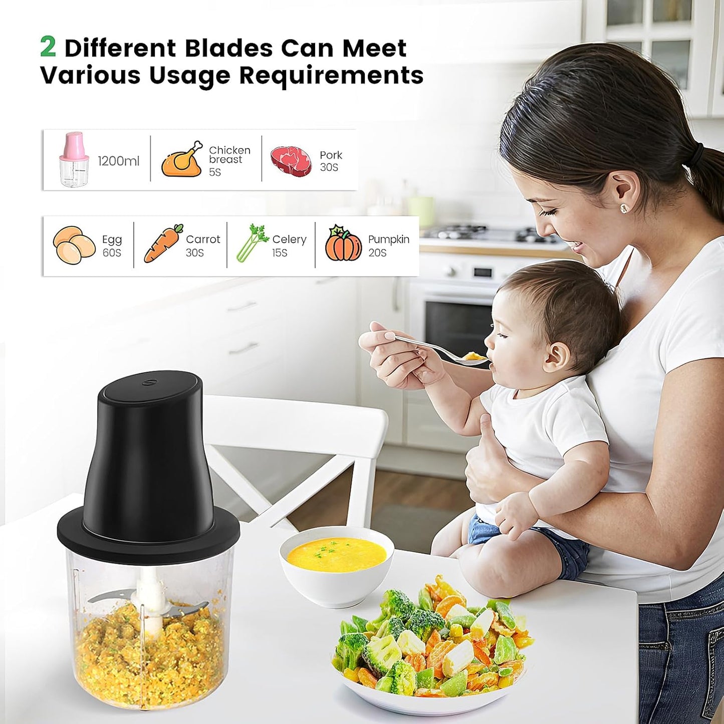 Electric Chicken Shredder, Automatic Food Chopper with Chicken Breast Shredder & Meat Grinder, 2 Sets of Blades for Chicken/Pork/fish/Vegetable/Baby Food (Black)