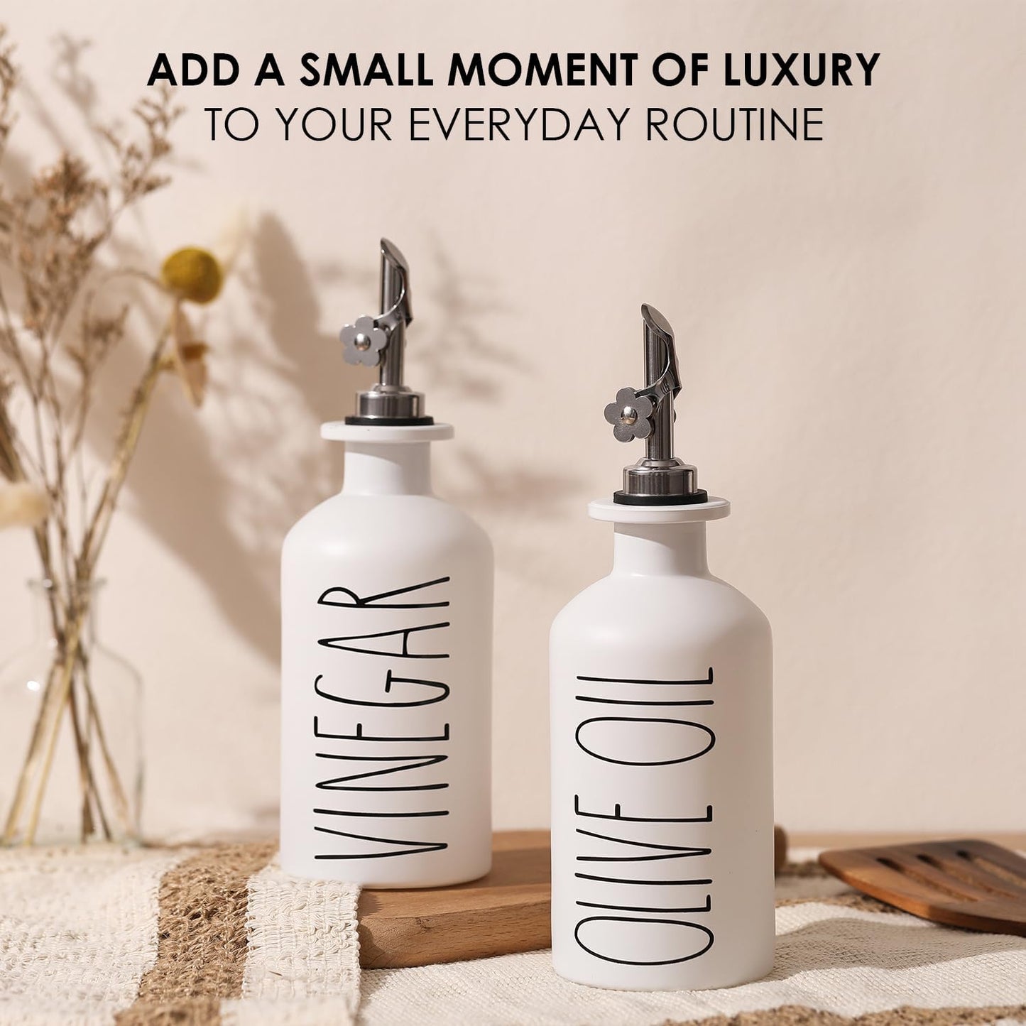 HOMCDALY Premium Olive Oil Dispenser for Kitchen, 11.8oz Glass Oil Bottles with Bamboo Tray, White Oil&Vinegar Cruet Set, Kitchen Dispenser Bottles with Pourer| Set of 2 (11.8oz –P–White)