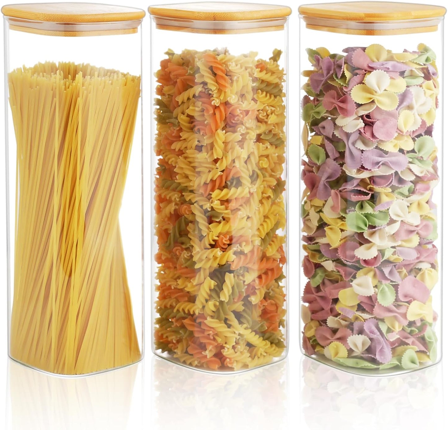 82 Oz Glass Storage Containers with Bamboo Lids, Square Glass Canister Sets Clear Glass Pantry Storage Containers with Lids for Cookie Flour Oat Pasta Tea Coffee Bean, Set of 3
