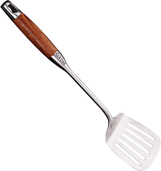 Metal Spatula,304 Stainless Steel Wok Spatula with Heat Resistant Wooden Handle,Silver/15.7Inch