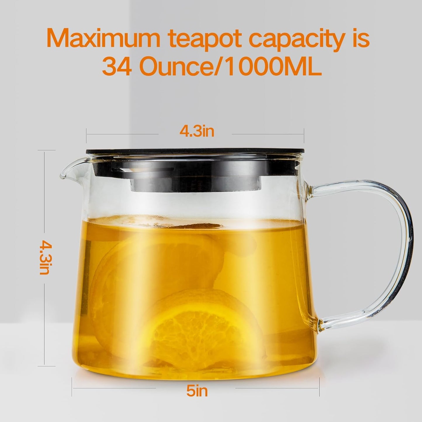 Glass Teapot 34oz/1000ml with Removable Stainless Steel Infuser Tea pot, Heatproof Borosilicate Glass Tea Make, Stovetop Safe Glass Tea Kettle for Loose and Blooming Leaf Tea