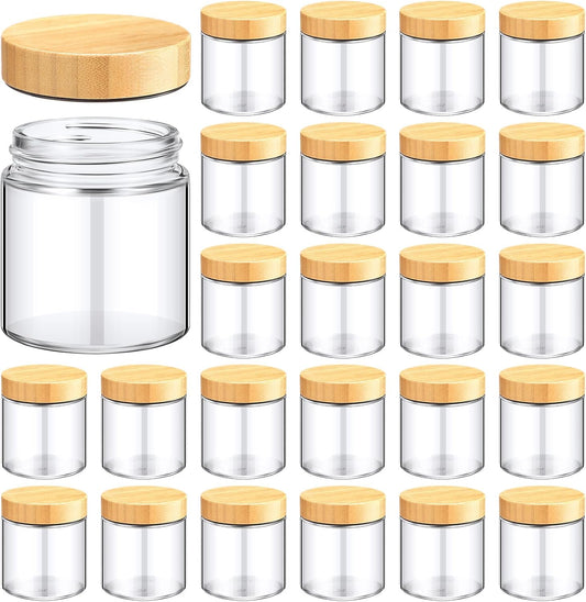 Norme 24 Pcs 8 oz Glass Jars with Lids Empty Small Glass Containers and Inner Liners Reusable Cosmetic Jars Round Airtight Bottles with Plastic Woodgrain Lids for Travel