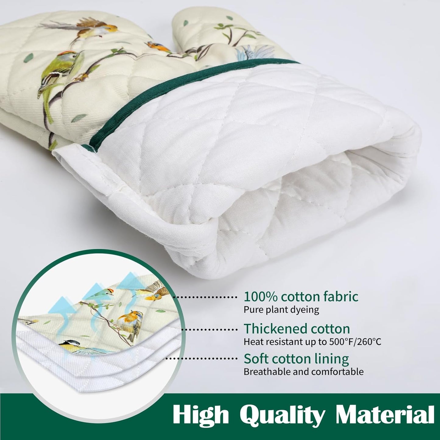 Bird Branch Oven Mitts and Pot Holders Sets 2Pcs, 100% Cotton Heat Resistant, Extra Long Oven Gloves Potholder for Kitchen Cooking Baking Decoration