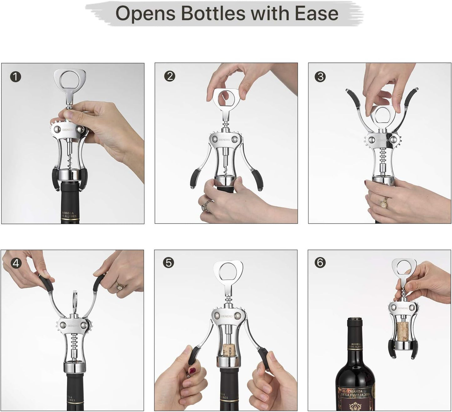 Beneno Wine Opener with Stainless Steel Wine Foil Cutter - Bottle Top Seal Cutter, Zinc Alloy Premium Wing Corkscrew with Multifunctional Bottles Opener, Upgrade