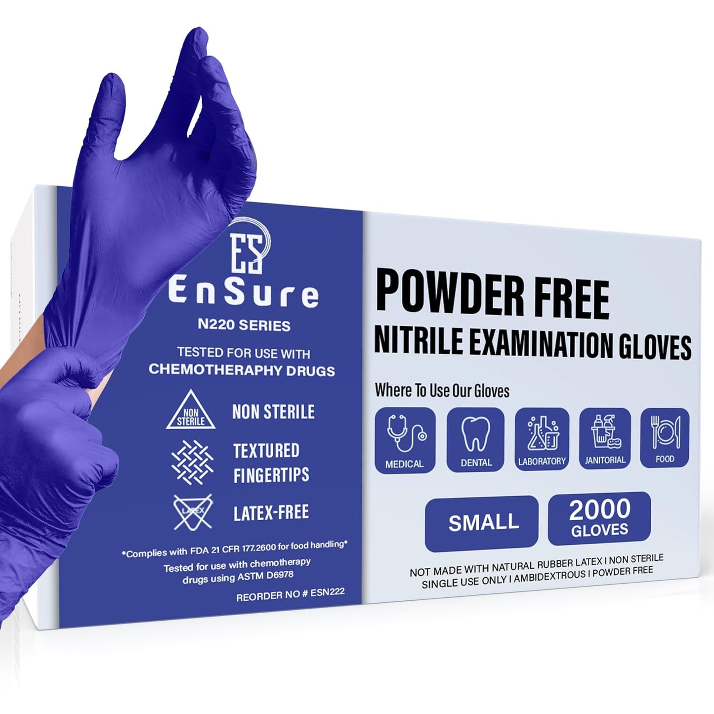 EnSure Nitrile Exam Gloves, Powder-Free, Latex-Free, Chemo Rated, Non-Sterile, Light Duty, Textured Tips, Medical, Surgical, Food Safe, Cleaning, Dental, Lab Use - 3 Mil (Small, 2000 Count)