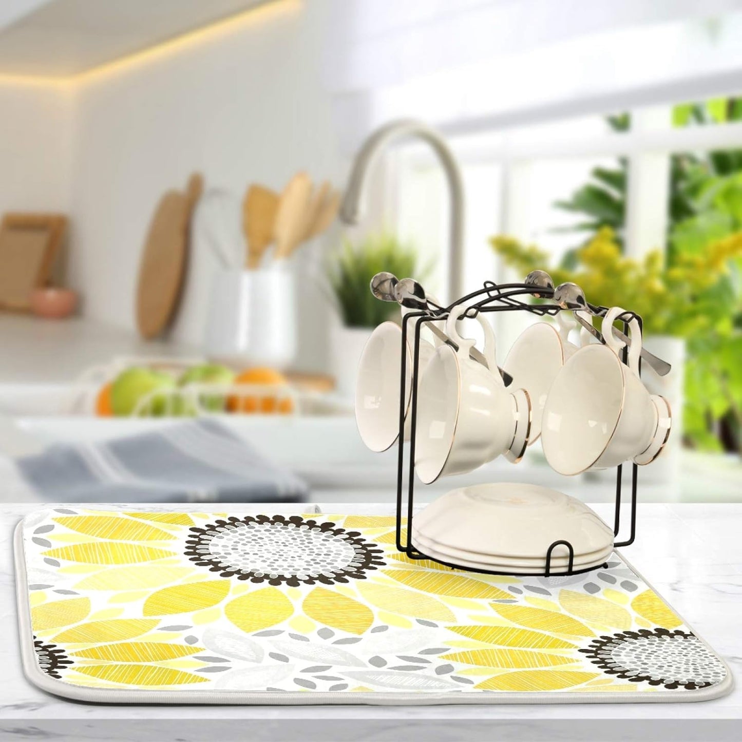 Super Absorbent Dish Drying Mat, Microfiber Fast-Drying Dish Mat, 16" x 18", Kitchen Dish Drying Pad, Sunflowers