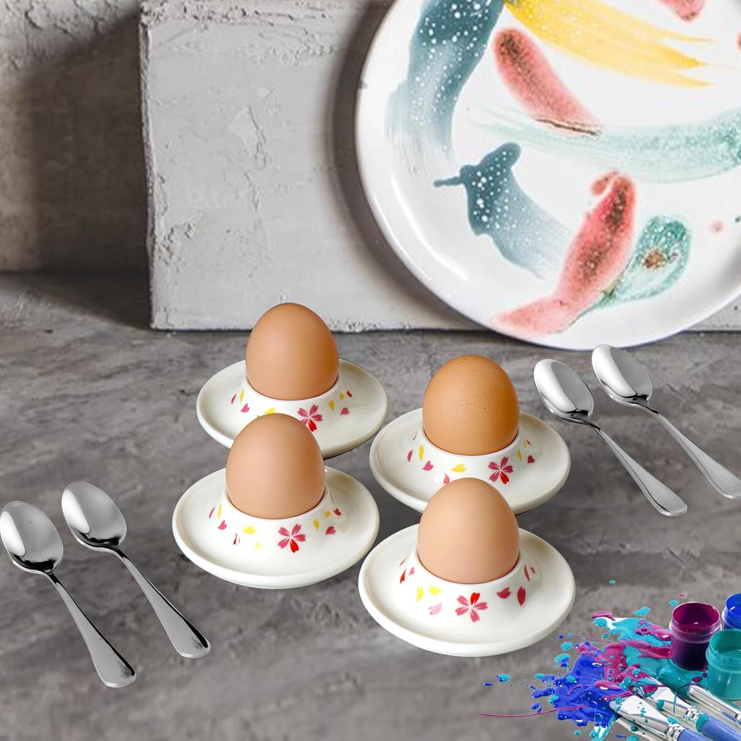 Cinf Ceramic Sakura Egg Holder Set of 4 Porcelain Holder With 4Stainless Steels Egg Spoons Breakfast Boiled Cooking Easy to Clean Childhood Memories Kitchen