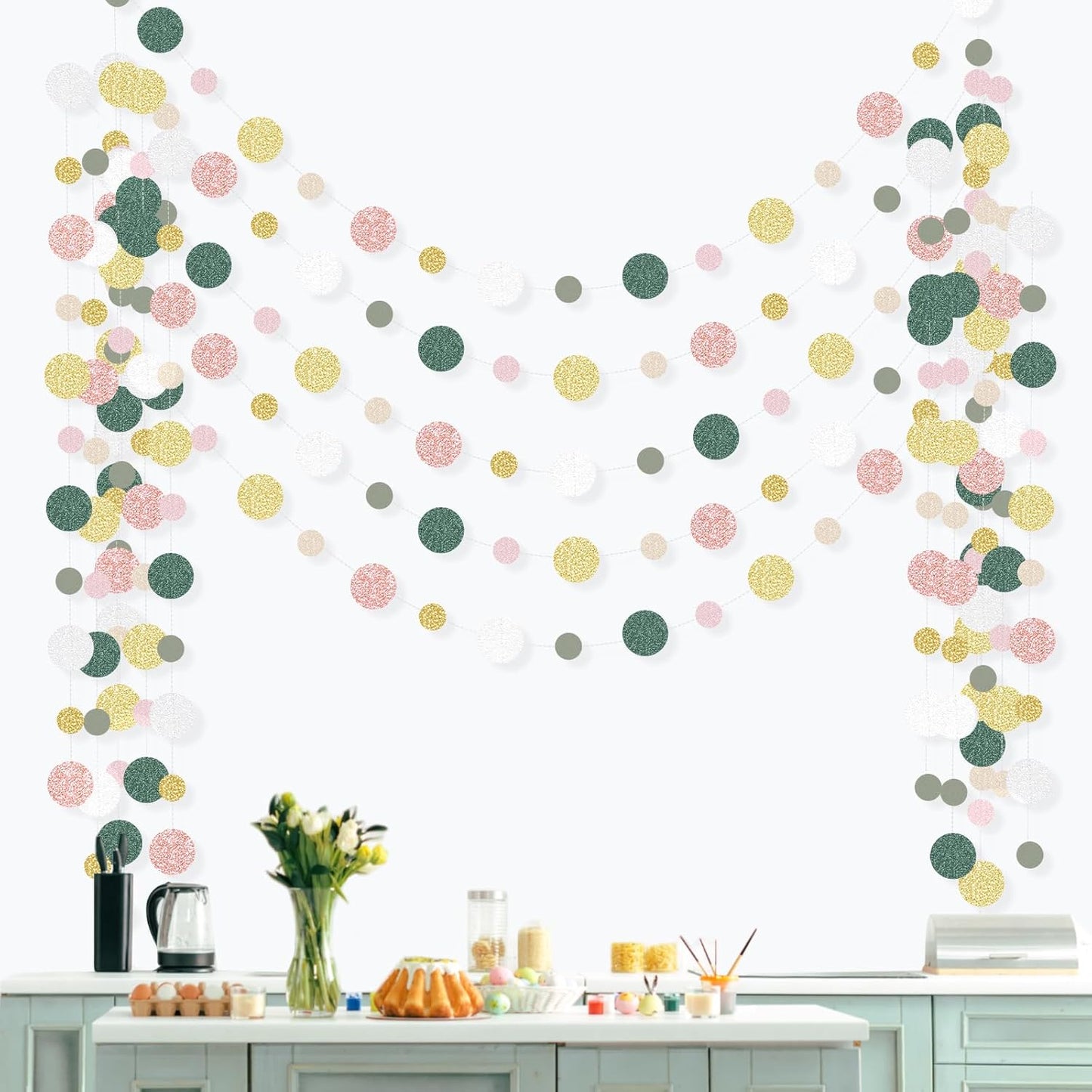 Outus 5 Pieces Colorful Dots Paper Garland Round Glitter Garland Hanging Confetti Streamers Backdrop Decoration for Birthday Classroom Candy Sprinkles Trunk or Treat Party (Sage Green,Pink,Gold)
