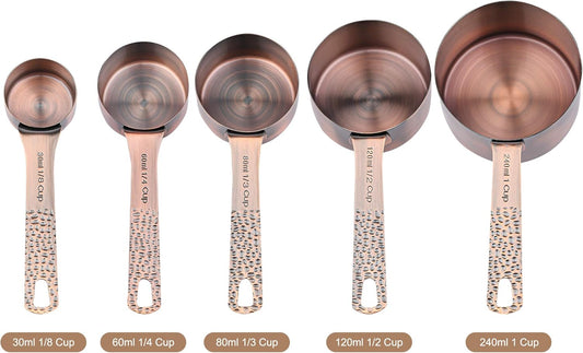 Measuring Cups and Spoons Set 12, Metric & US Copper Measuring Cups and Spoons Set for Kitchen and Baking, Dry & Liquid Metal Measure 5 Cups 6 Spoons With 1 Leveler