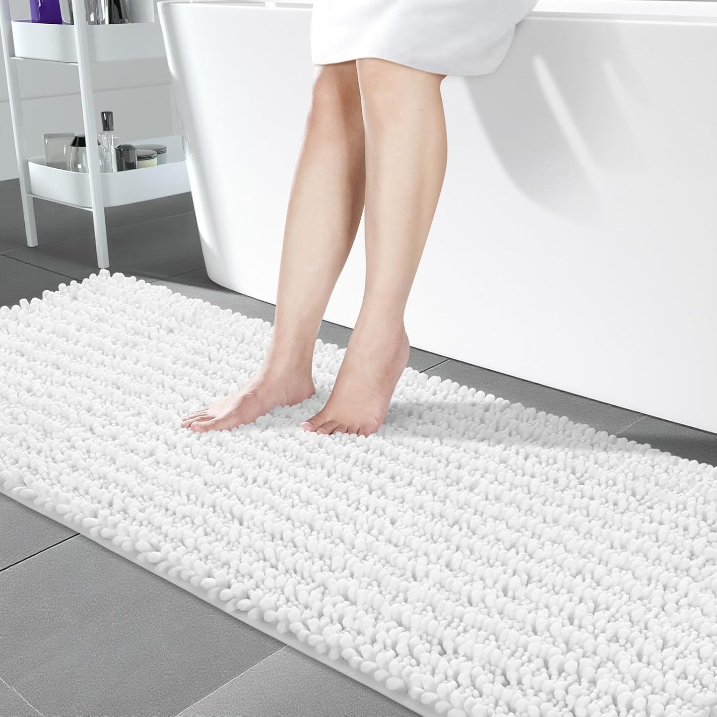 Yimobra Bathroom Runner Rug 70x24 Inch - Extra Long Non Slip Chenille Bath Mat, Soft & Absorbent, Machine Washable Shaggy Hallway Carpet for Vanity Tub Shower, White Home Decor Accessories