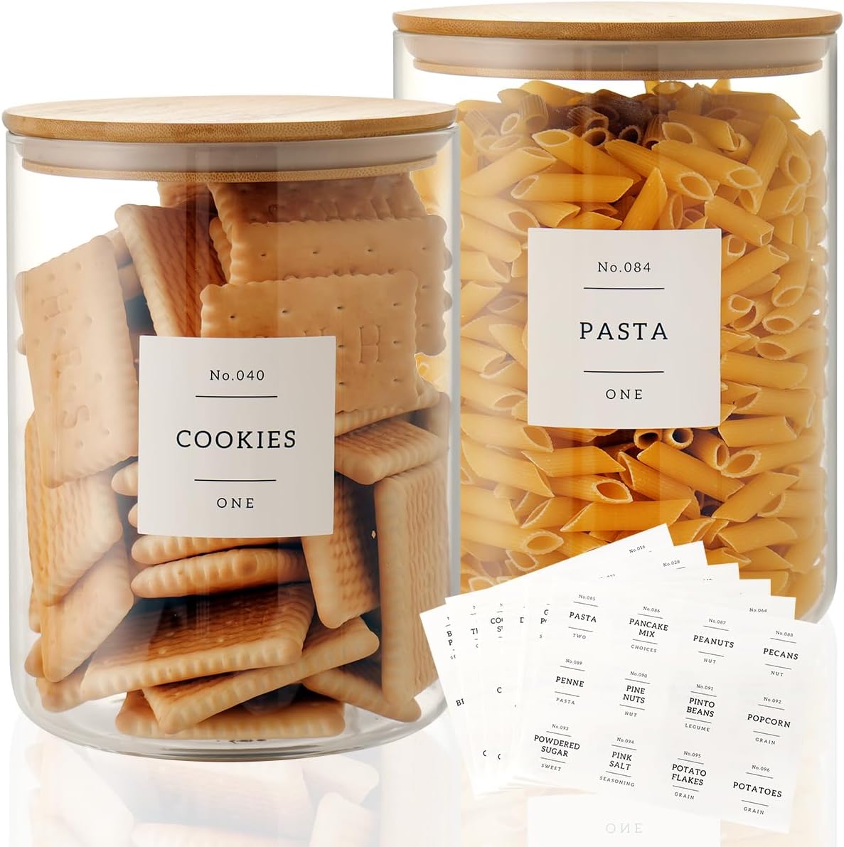 Set of 2 Large Glass Flour and Sugar Containers - 100 Fl oz Thicken Glass Storage Jars with Airtight Bamboo Lid and 132 Kitchen Pantry Labels - Big Clear Rice Containers Farmhouse
