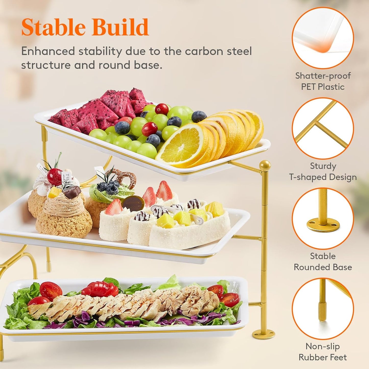 Lifewit 3 Tiered Tray Stand for Party Entertaining, 12"×6.5" Serving Platters and Trays, Reusable Plastic Trays with Stable Gold Mental Stand for Veggie, Fruit, Cookies, Dessert
