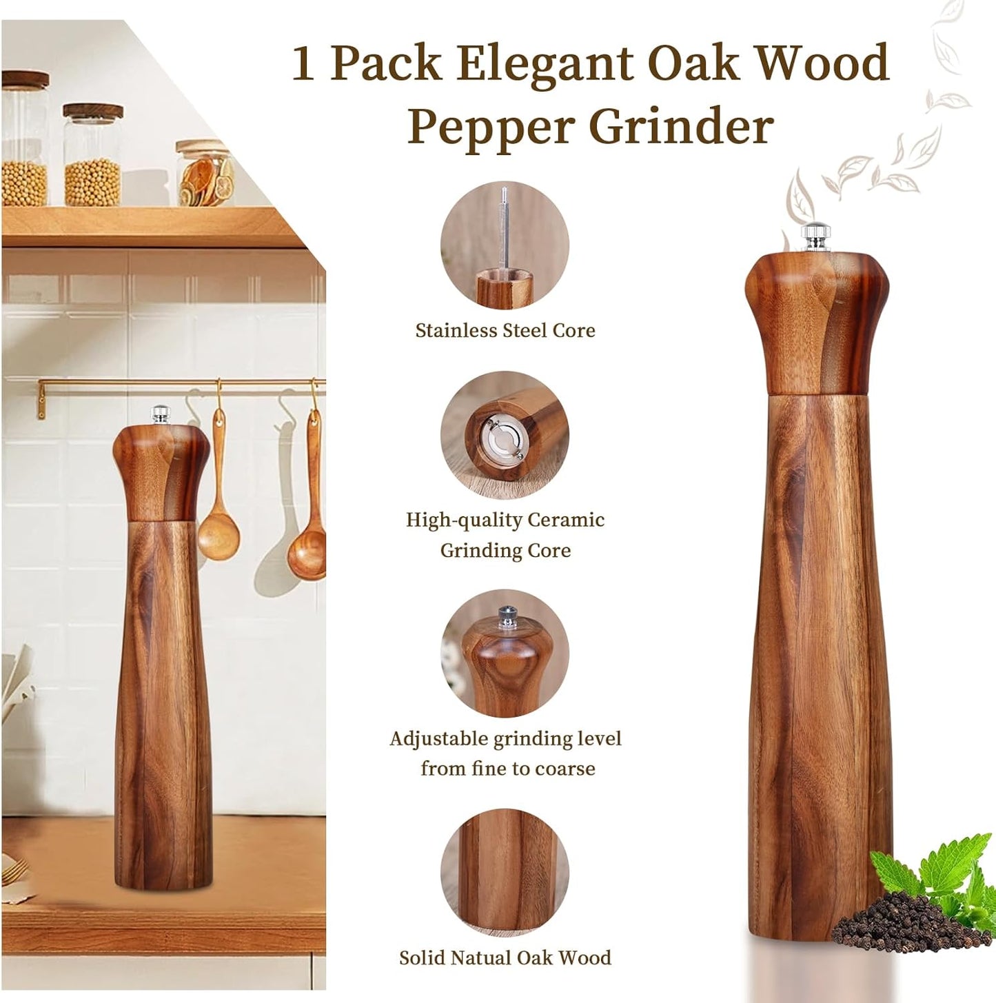 1 Pack - 10 Inch tall Acacia Wood Pepper Grinder or Salt Mill Elegant Pepper Mill Wooden with a Adjustable Ceramic Rotor and Easily Refillable - Wood Salt Grinder for Your Kitchen