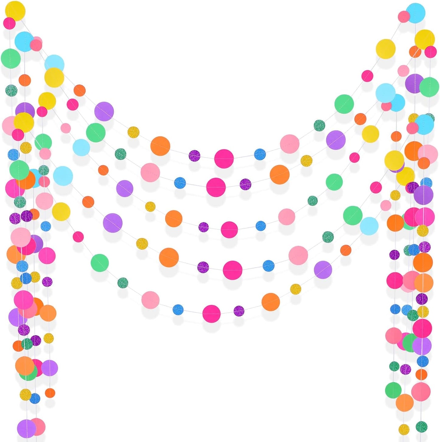 Outus 5 Pieces Colorful Dots Paper Garland Round Glitter Garland Hanging Confetti Streamers Backdrop Decoration for Birthday Classroom Candy Sprinkles Trunk or Treat Party (Rainbow)